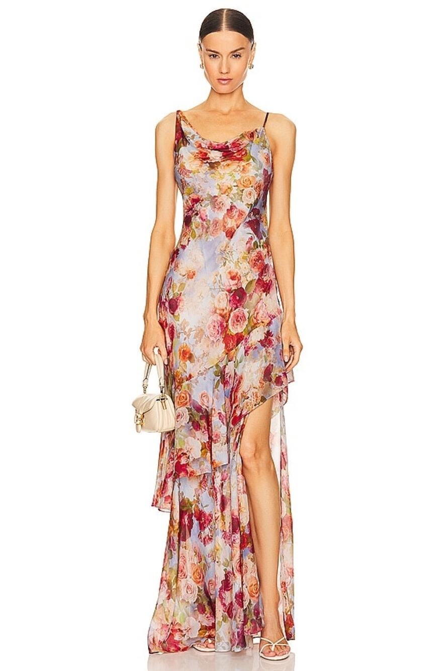 L'Agence Viola Cowl Neck Romantic Floral 100% Silk Whimsy Maxi Dress $725 NWT 10